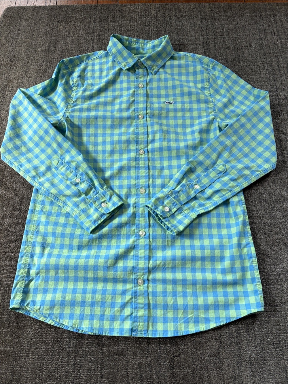Boys Vineyard Vines Performance Blue & Green Gingham Button-Down Shirt - 12/14